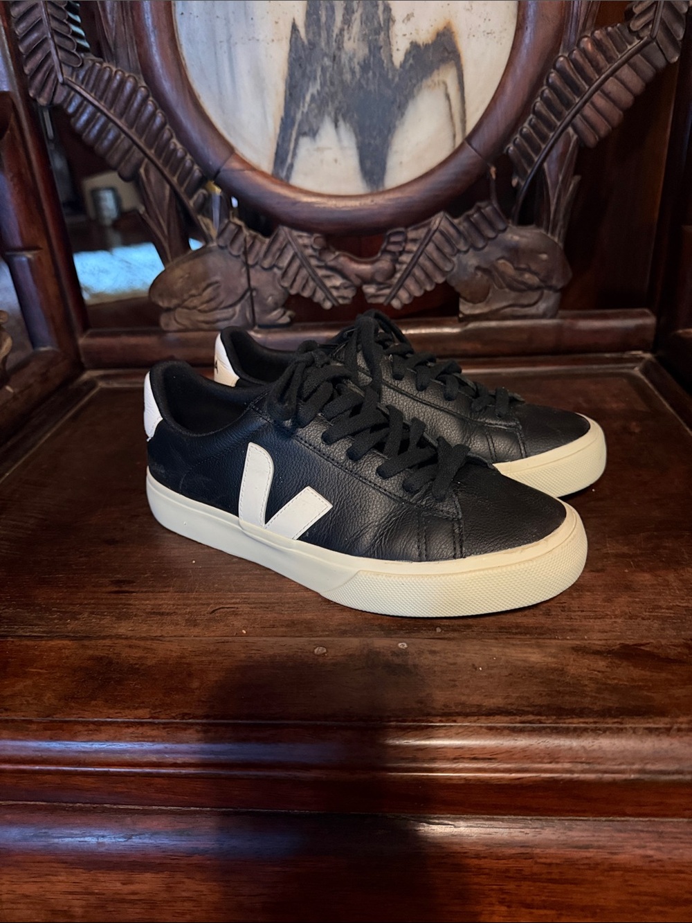 Veja Black Leather Low-Top Sneakers with White V Accent - Picture 3 of 5